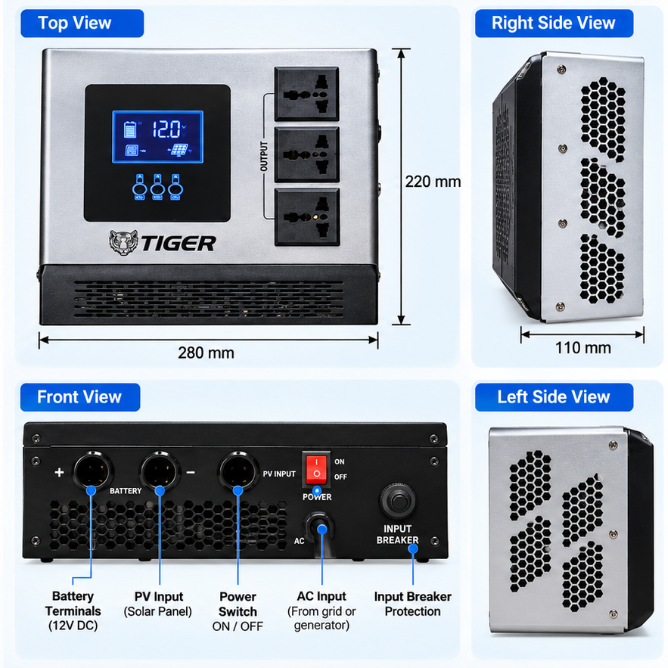 TIGER VMS-1200 1600W 12V Solar Inverter / Charger