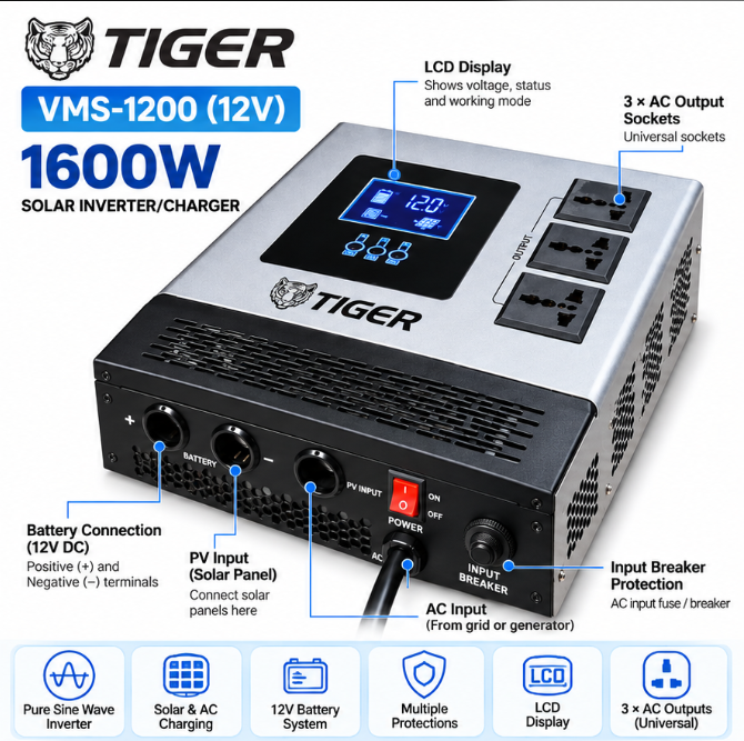 TIGER VMS-1200 1600W 12V Solar Inverter / Charger