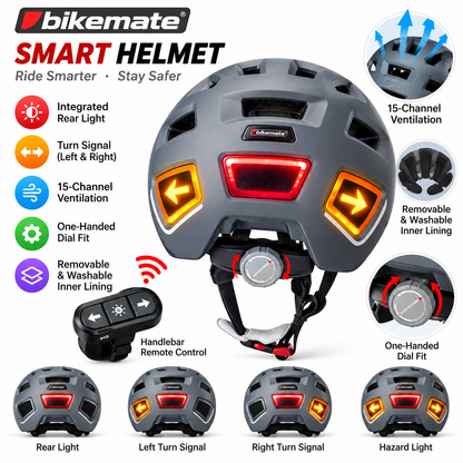 BikeMate  Smart Helmet: Integrated Rear Red Light,&  Turn Signal, Ventilation, Black L/XL