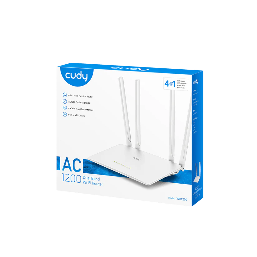 Cudy AC1200 Smart WiFi Router Extender, Access Point, WISP, 5GHz Dual Band, 10/100Mbps LAN, 4x5dBi Antennas, VPN, Guest WiFi, AP Mode, WR1200