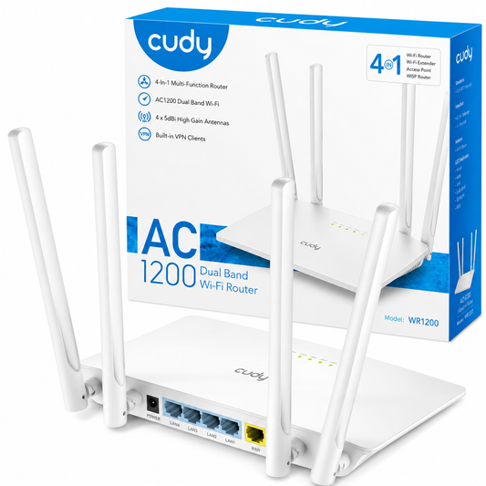 Cudy AC1200 Smart WiFi Router Extender, Access Point, WISP, 5GHz Dual Band, 10/100Mbps LAN, 4x5dBi Antennas, VPN, Guest WiFi, AP Mode, WR1200
