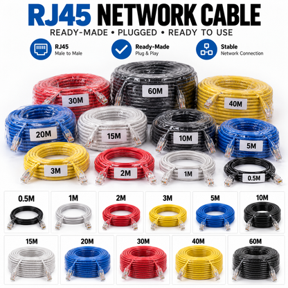 RJ45 Ethernet LAN Network Cable – Ready Made, Plug & Play – 0.5M, 1M, 2M, 3M, 5M, 10M, 15M, 20M, 30M, 40M, 60M