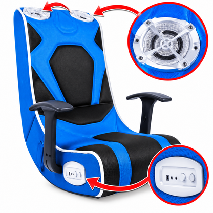 Rocker Gaming Chair with Armrests – Blue & Black, Built-in Speakers, Foldable
