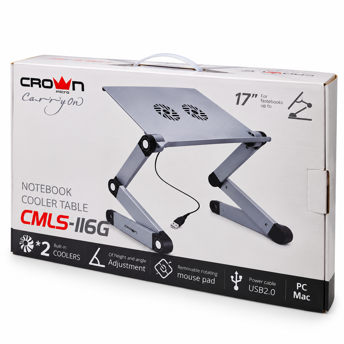 CROWN Micro CMLS-II6G Adjustable Laptop Cooling Stand Table with Dual USB Fans, Aluminum Foldable Height & Angle Adjustable Notebook Desk, Up to 17 Inch