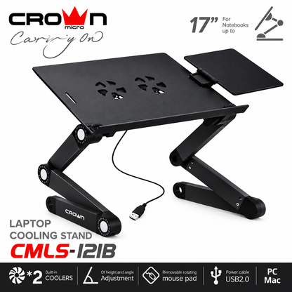 CROWN Micro CMLS-I21B Laptop Cooling Stand for Up to 17-Inch Notebooks – Dual USB 2.0 Cooling Fans, Adjustable Height & Angle, Removable Rotating Mouse Pad, Black