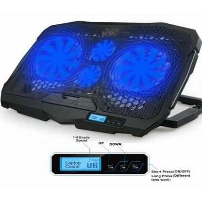 lebbuy CROWN Micro CMLS-01 laptop cooling pad with blue LED fans, adjustable angle, and digital speed control display.