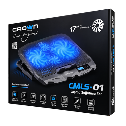 lebbuy CROWN Micro CMLS-01 laptop cooling pad with blue LED fans, metal mesh surface, and adjustable ergonomic stand.