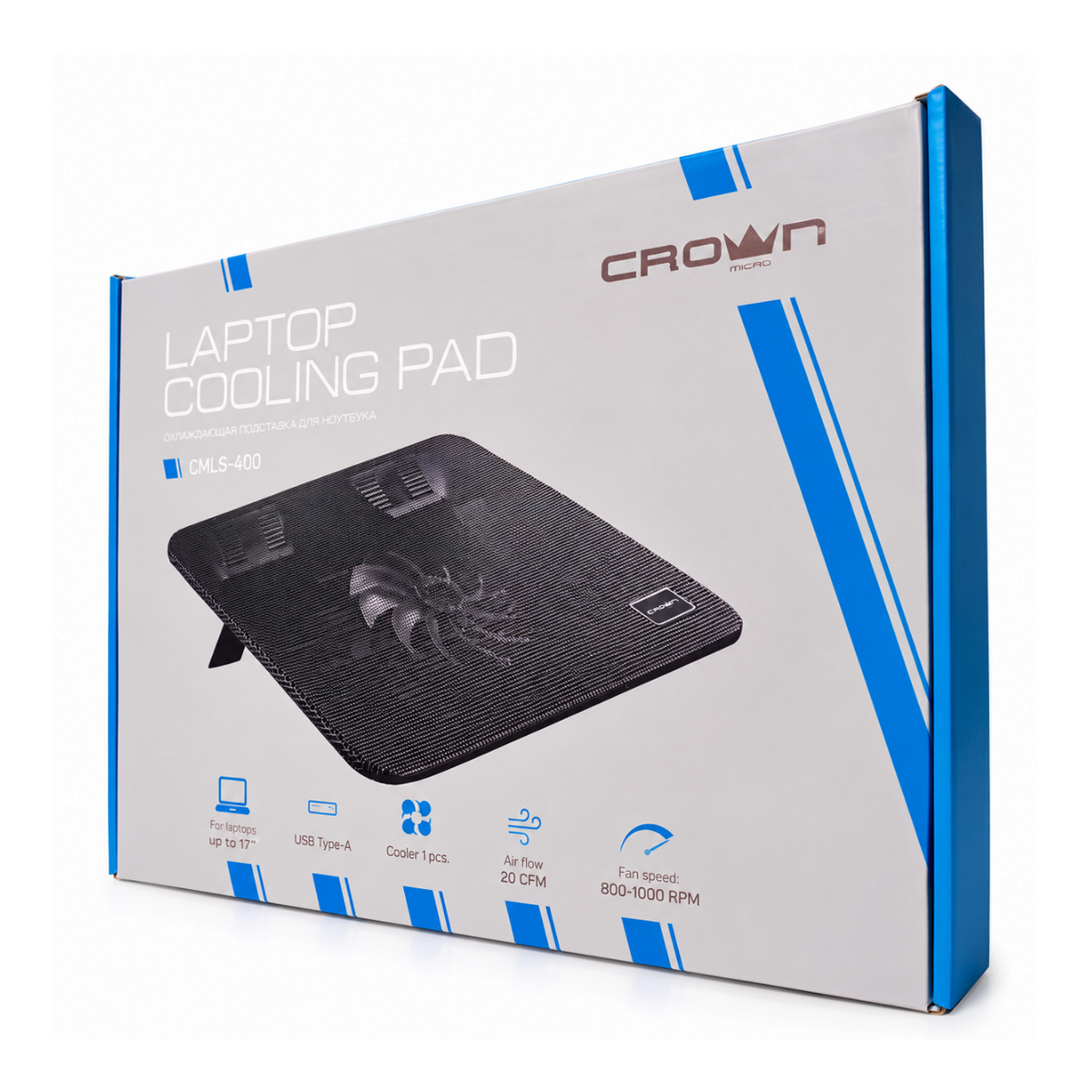 lebbuy CROWN CMLS-400 laptop cooling pad box featuring a black mesh surface and USB powered fan specifications