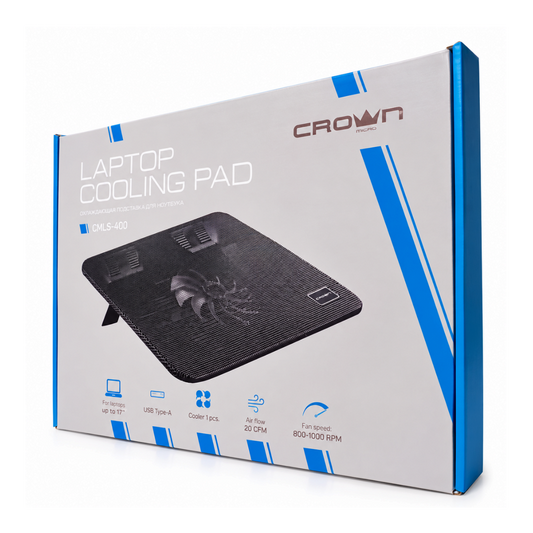 lebbuy CROWN CMLS-400 laptop cooling pad box featuring a black mesh surface and USB powered fan specifications
