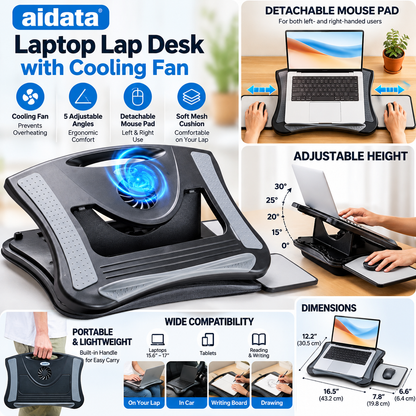 Aidata Laptop Lap Desk with USB Cooling Fan – Adjustable Stand with Mouse Pad