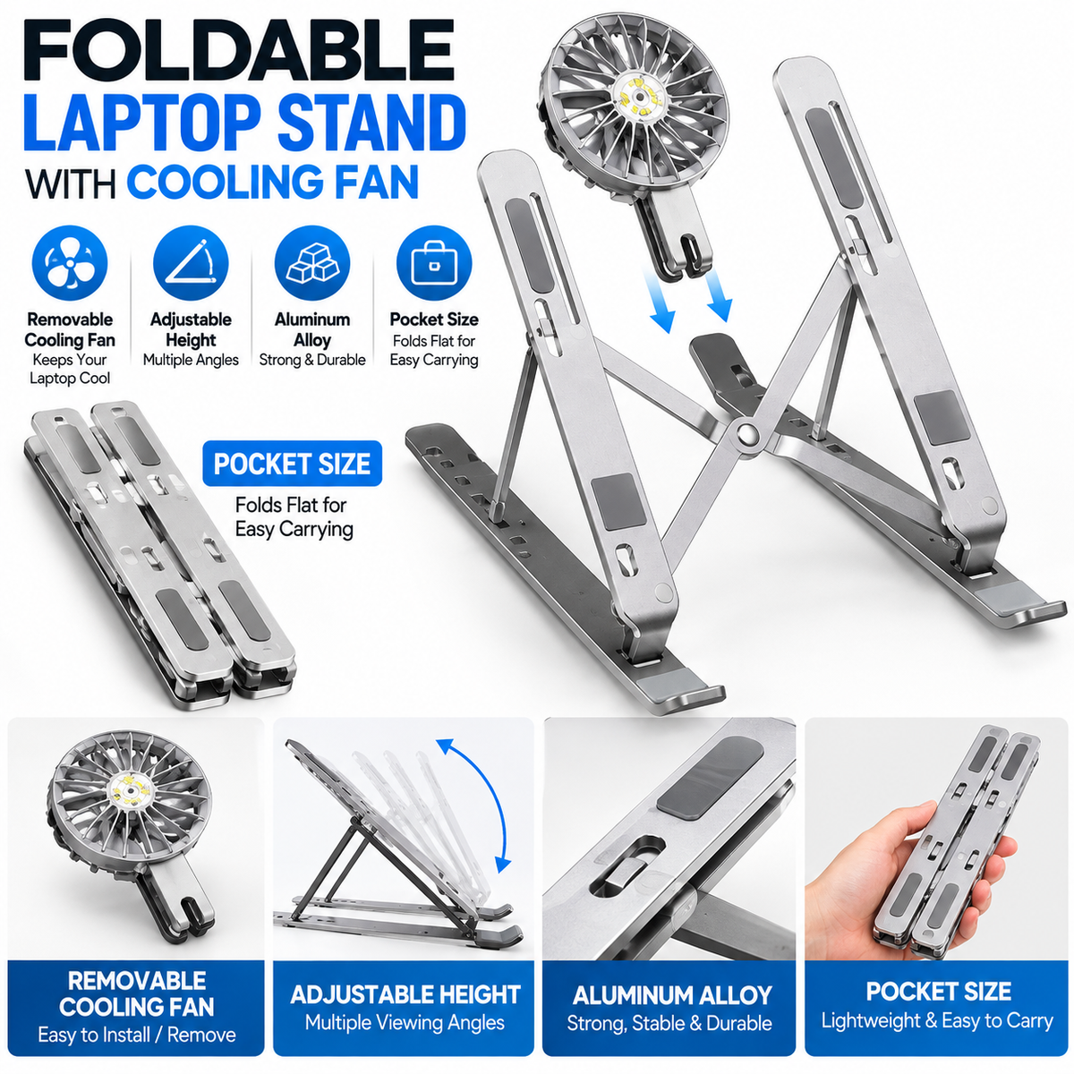 Adjustable Foldable Laptop Stand with Detachable Cooling Fan
