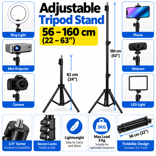 Adjustable Tripod Stand 56–160cm – Lightweight Foldable Stand for Ring Light & Mini Projector – Black