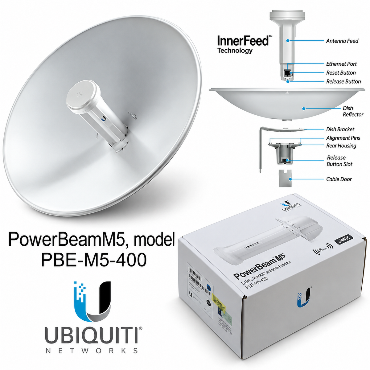Ubiquiti PowerBeam M5 PBE-M5-400 Outdoor 5GHz 25dBi Dish Wireless CPE – airMAX PTP/PTMP, PoE, 400mm Reflector