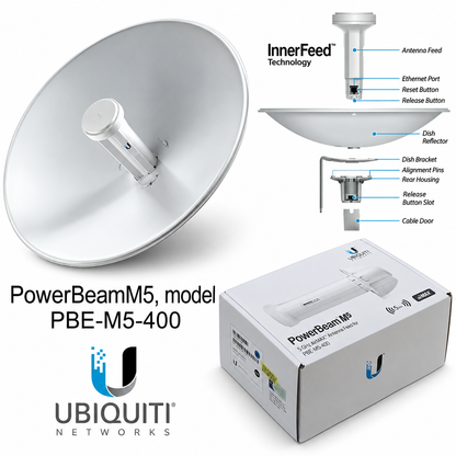 Ubiquiti PowerBeam M5 PBE-M5-400 Outdoor 5GHz 25dBi Dish Wireless CPE – airMAX PTP/PTMP, PoE, 400mm Reflector