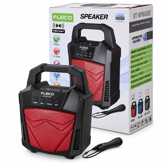 F-6117-B FLECO Portable Bluetooth Speaker 6.5-Inch with Wireless Microphone, FM Radio, USB, TF Card, AUX, TWS, LED Light
