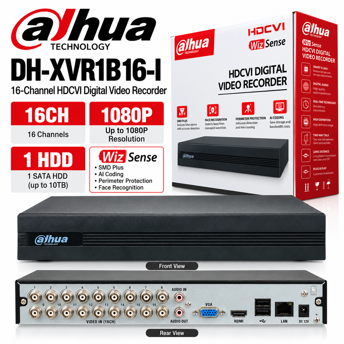 Dahua 16ch , 2MP DH-XVR1B16-I 16-Channel HDCVI Digital Video Recorder DVR, 1080P, 1 HDD, WizSense AI Coding
