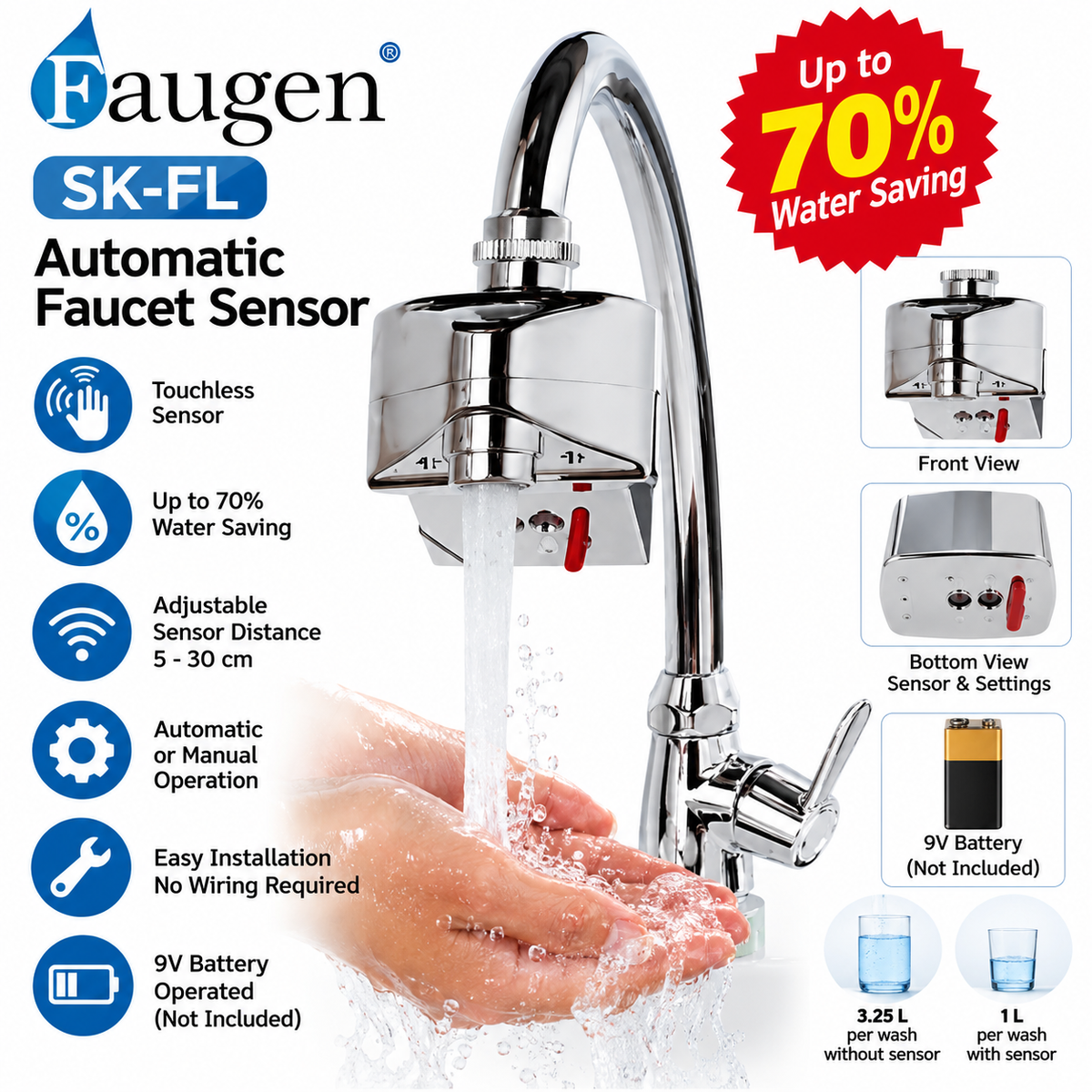 Faugen SK-FL Automatic Touchless Faucet Sensor Attachment – Infrared Motion Activated Water Tap Adapter, 5–30cm Adjustable Sensor, 9V Battery, Chrome Finish