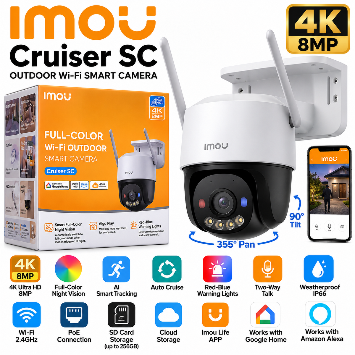 IMOU Cruiser 8MP 4K Ultra HD   SC IPC-K7CN  Outdoor Wi-Fi PTZ Security Camera – Full-Color Night Vision, AI Smart Tracking, Auto Cruise, PoE, Two-Way Audio, Red-Blue Warning Lights & Weatherproof Design