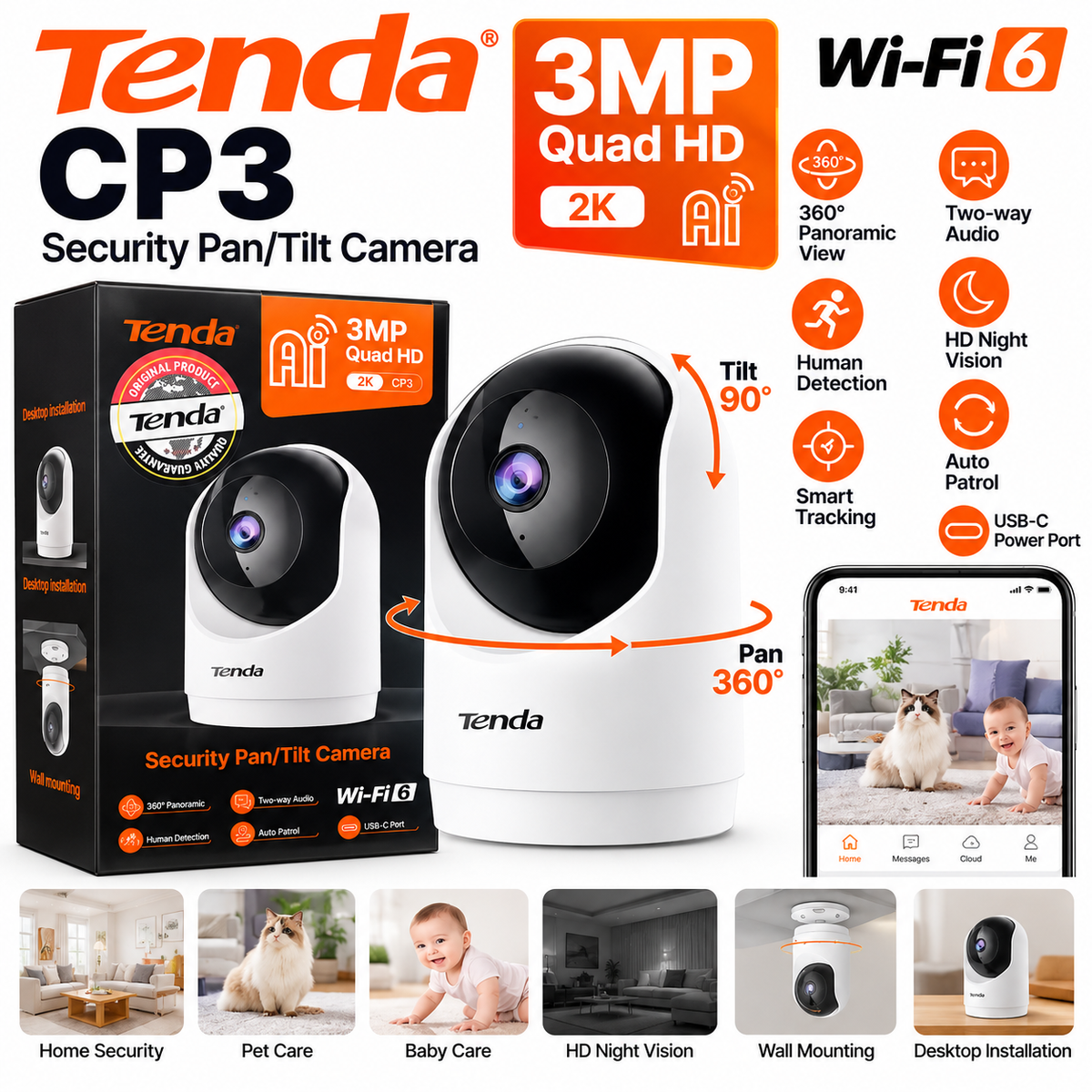 Tenda CP3 3MP 2K Quad HD AI Wi-Fi 6 Indoor Security Camera – 360° Pan/Tilt, Human Detection, Smart Tracking, Night Vision, Two-Way Audio, Auto Patrol & USB-C Power