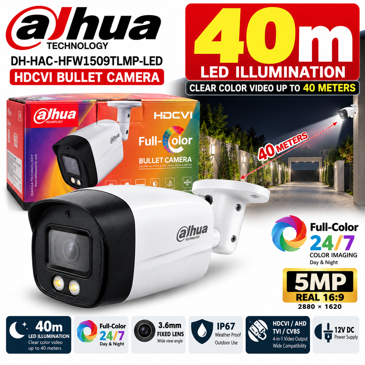Dahua DH-HAC-HFW1509TLMP-LED 5MP Full-Color HDCVI Bullet Security Camera – 3.6mm Lens, 40m LED Night Illumination, IP67, 12V DC