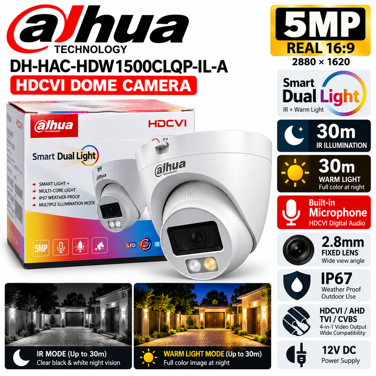 Dahua DH-HAC-HDW1500CLQP-IL-A 5MP Smart Dual Light HDCVI Dome Security Camera – 2.8mm Lens, 30m IR & Warm Light, Built-In Microphone, IP67