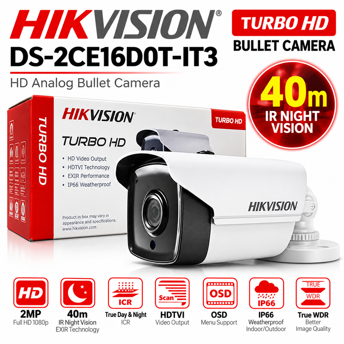 Hikvision DS-2CE16D0T-IT3 2MP 1080p Turbo HD EXIR Bullet CCTV Camera – 40m IR Night Vision, IP66 Outdoor, 12V DC