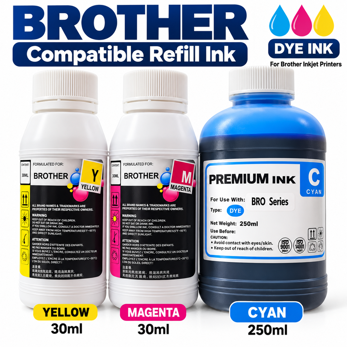 Brother Compatible Inkjet Printer Refill Ink – Cyan 250ml / Magenta 30ml / Yellow, Dye Ink Options