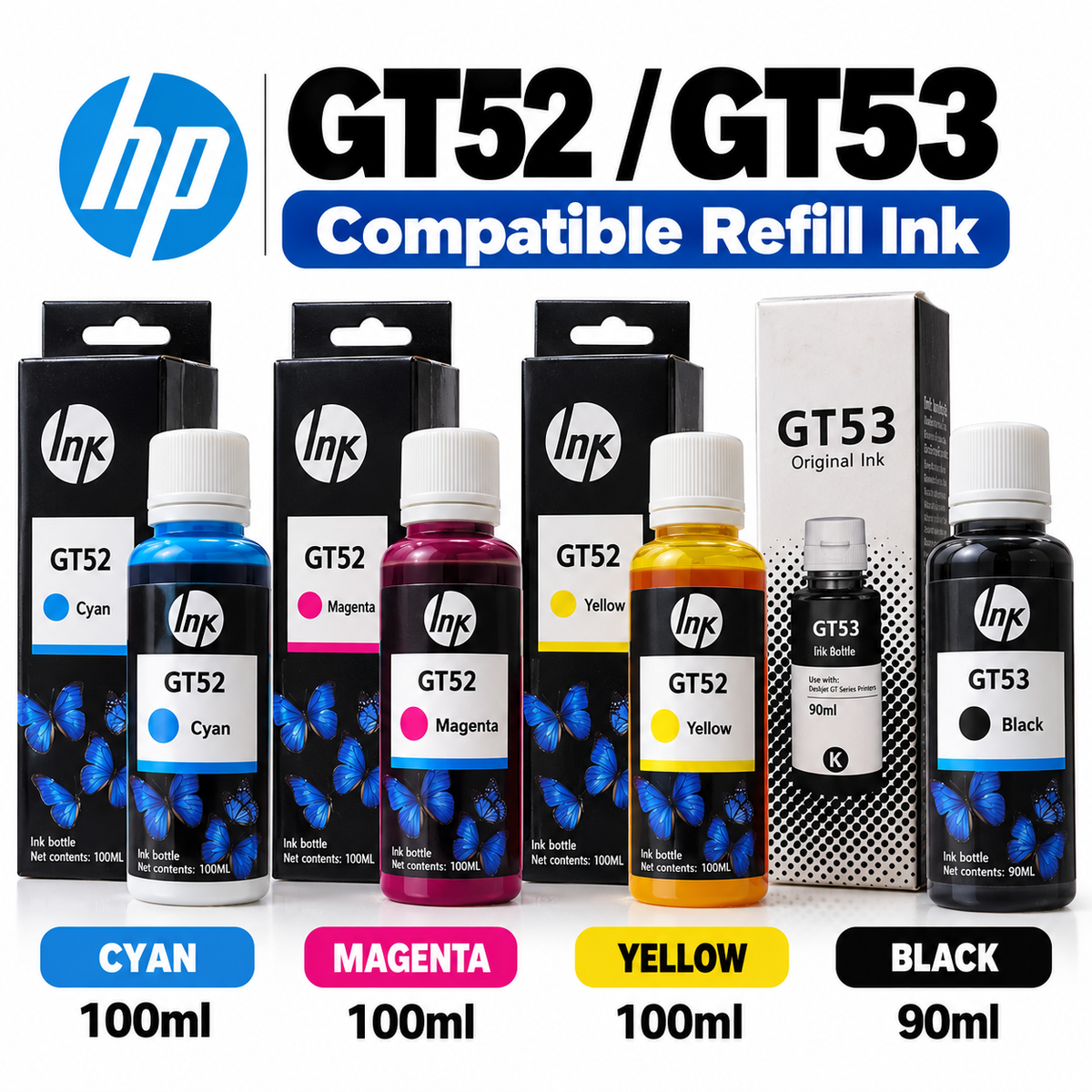 HP GT52 and GT53 Ink Bottle Refill – GT52 Cyan Magenta Yellow 100ml and GT53 Black 90ml – HP Ink Tank Printer Compatible