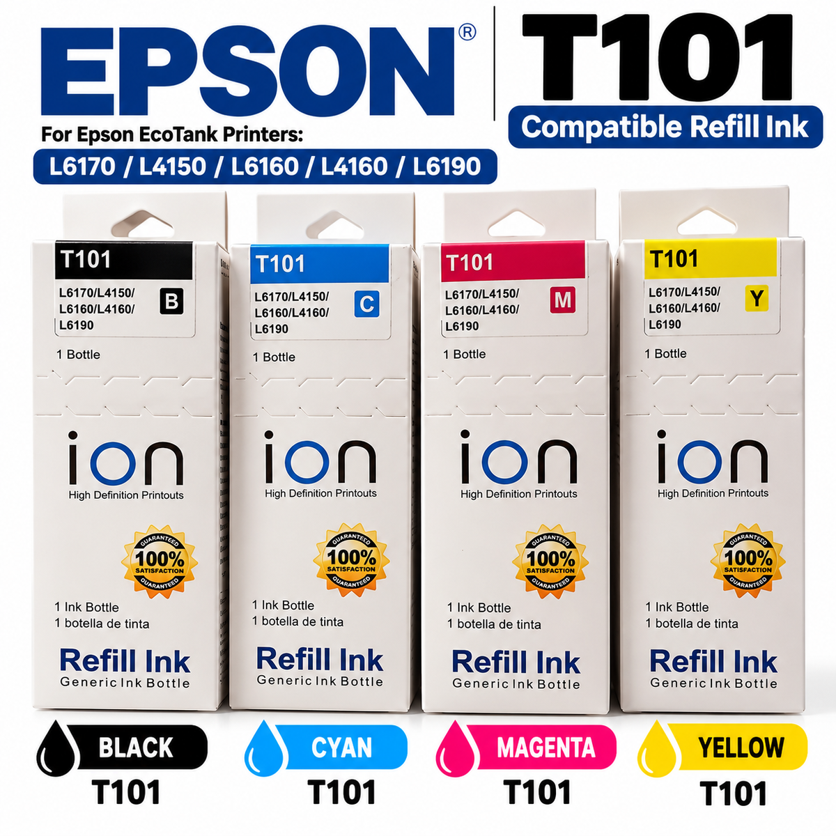 Epson T101 Compatible Refill Ink Bottles - Black, Cyan, Magenta and Yellow - For EcoTank L4150 L4160 L6160 L6170 L6190