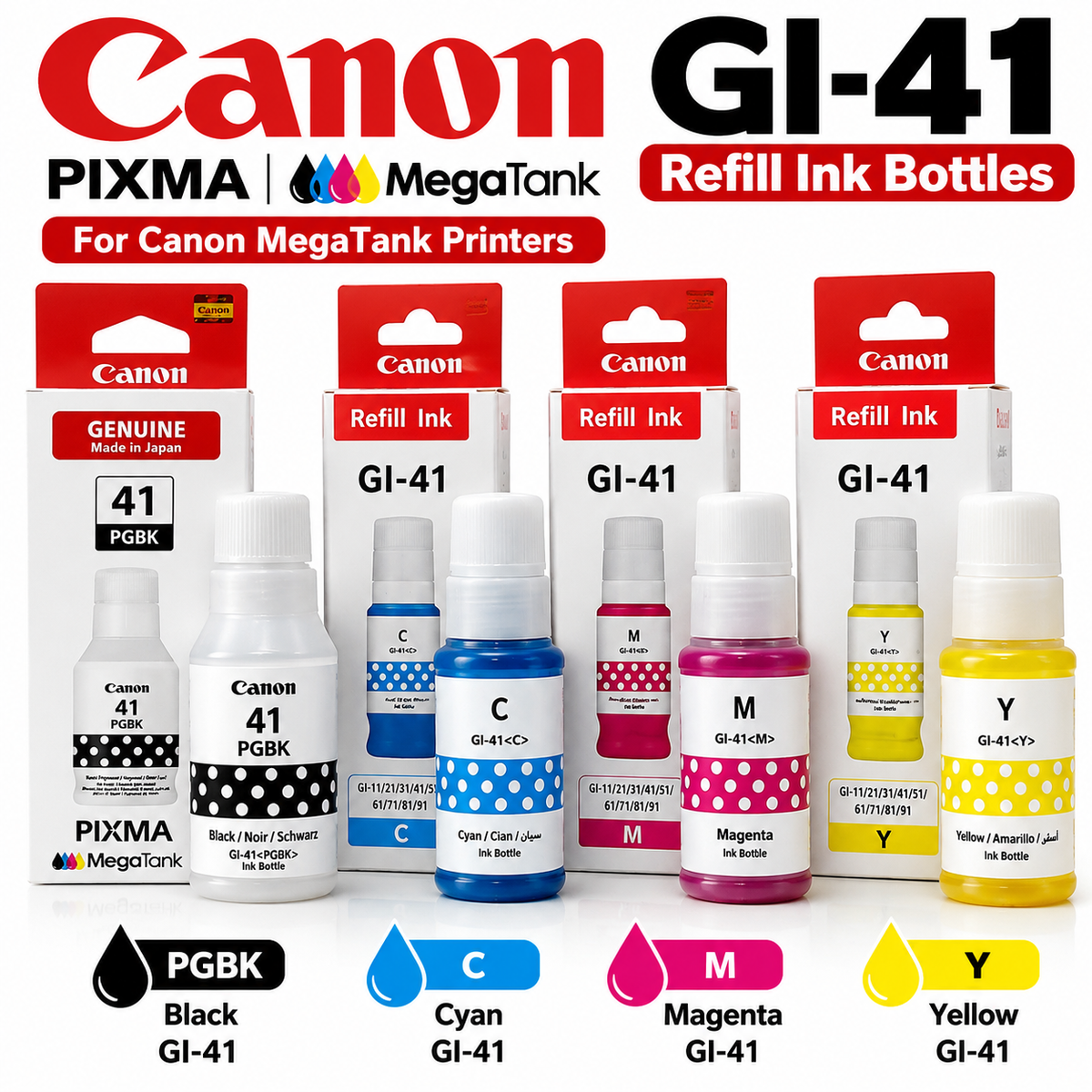 Canon GI-41 Compatible Refill Ink Bottles - Black PGBK, Cyan, Magenta and Yellow for PIXMA MegaTank