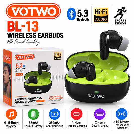 VOTWO BL-13 Bluetooth 5.3 True Wireless Sports Earbuds – Hi-Fi Audio, 4–5H Playback, 250mAh Charging Case, Black/Green