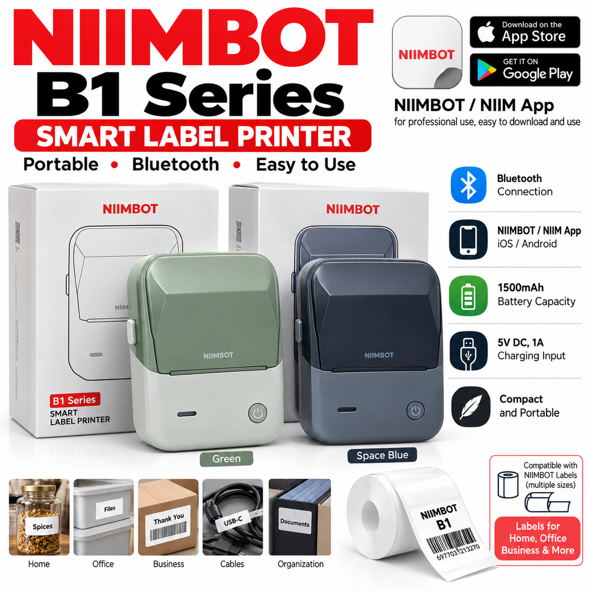 NIIMBOT B1 Smart Bluetooth Thermal Label Printer – Portable 1500mAh Rechargeable, iOS/Android, Green / Space Blue