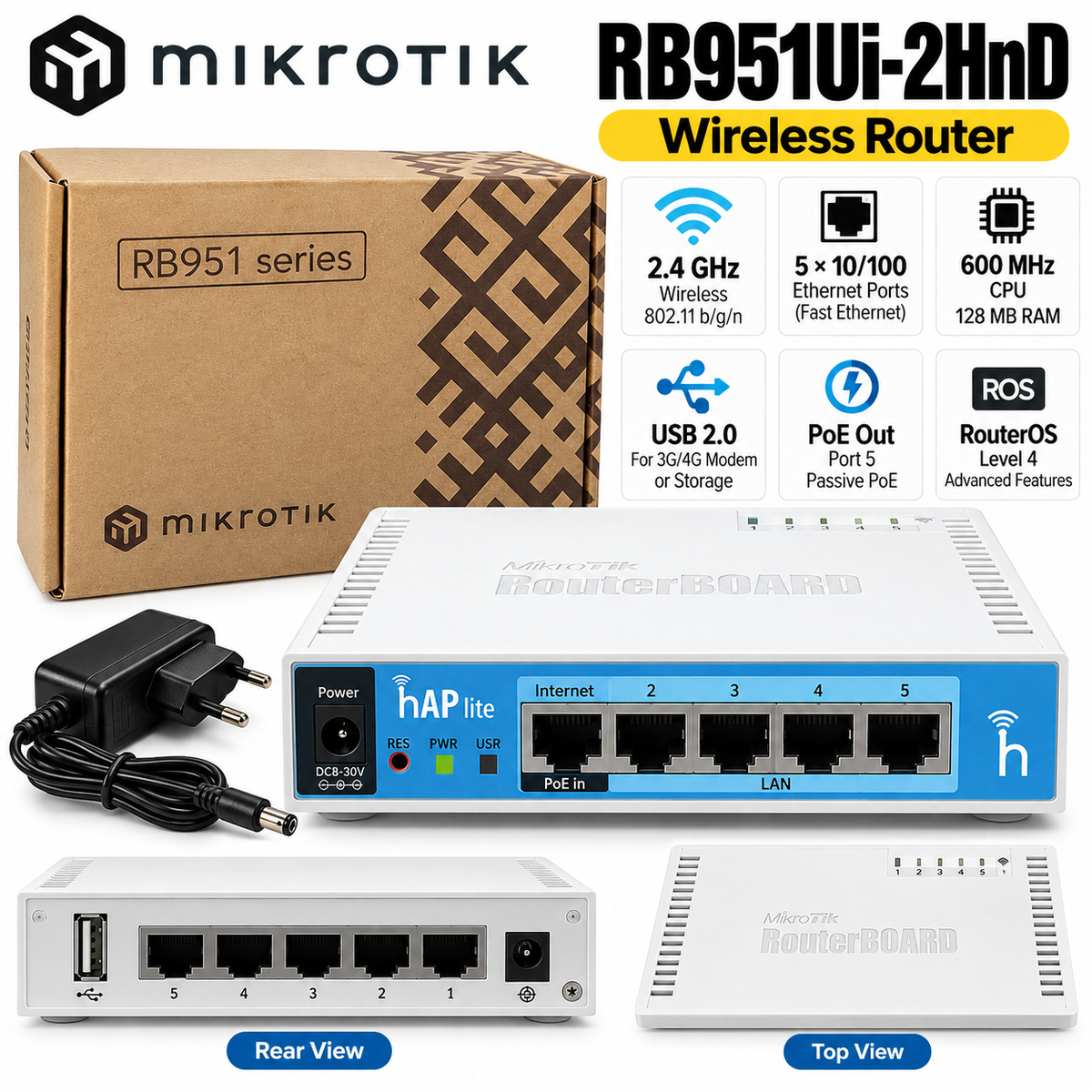 MikroTik RB951Ui-2HnD Wireless Router – 2.4GHz WiFi, 5× 10/100 Ethernet Ports, 600MHz CPU, 128MB RAM, USB & PoE Out, RouterOS Level 4