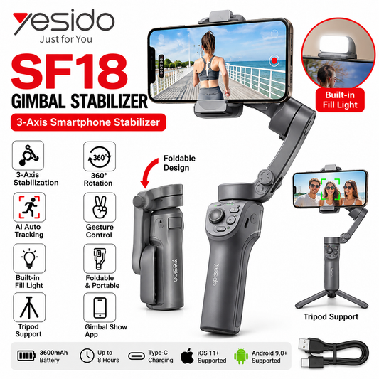 Yesido SF18 3-Axis Smartphone Gimbal Stabilizer – AI Auto Tracking, 360° Rotation, Gesture Control, Fill Light, Foldable Phone Stabilizer