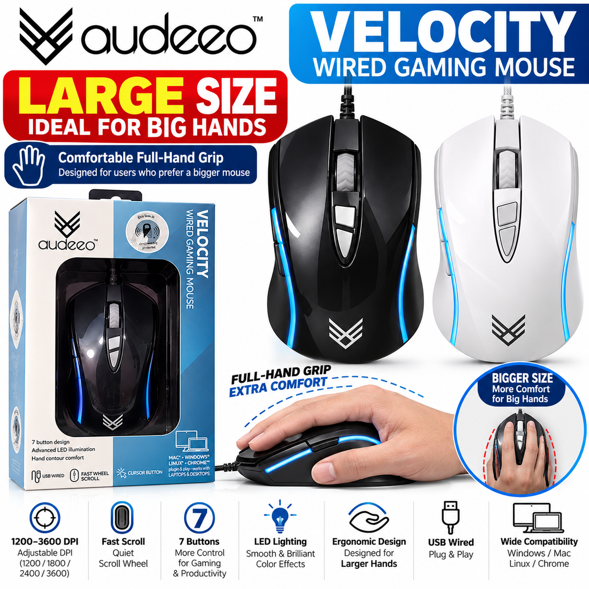 Audeeo Velocity Large Size Wired Gaming Mouse – Ergonomic for Big Hands, 7 Buttons, 3600 DPI, LED, USB, Black / White