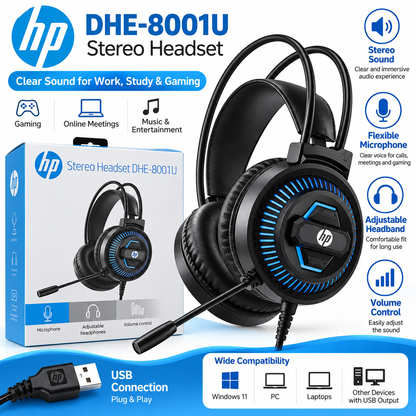 HP DHE-8001U Stereo Gaming Headset with Microphone – Over-Ear Adjustable Headphones, Volume Control, USB Connection, Black
