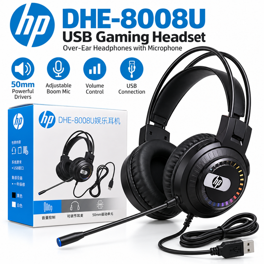 HP DHE-8008U Wired USB Gaming Headset with Microphone – Over-Ear Headphones, 50mm Drivers, Adjustable Boom Mic & Volume Control, Black