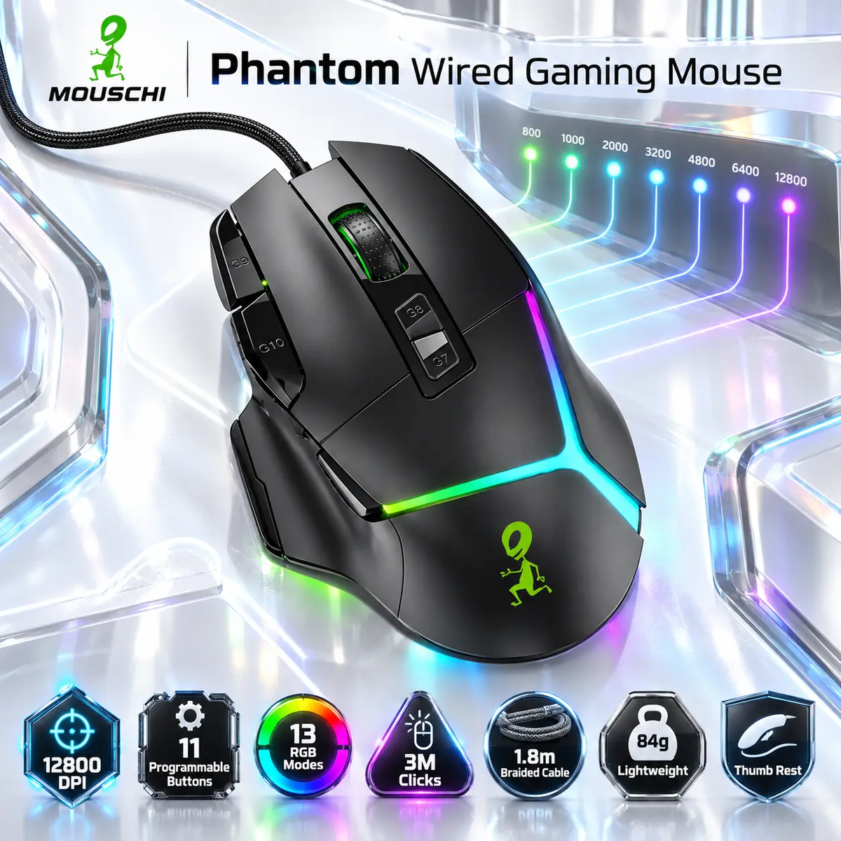 Mouschi Phantom RGB Wired Gaming Mouse – 12800 DPI, 11 Programmable Buttons, 13 RGB Modes, 1.8m Braided Cable