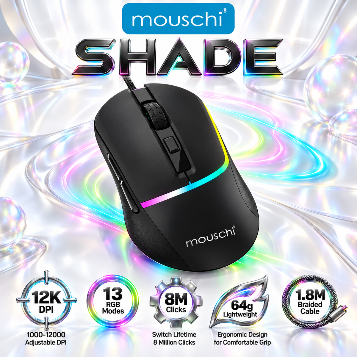 Mouschi Shade RGB Wired Optical Mouse – 12000 DPI, 6 Adjustable DPI Levels, 13 RGB Lighting Modes, 1.8m Braided Cable