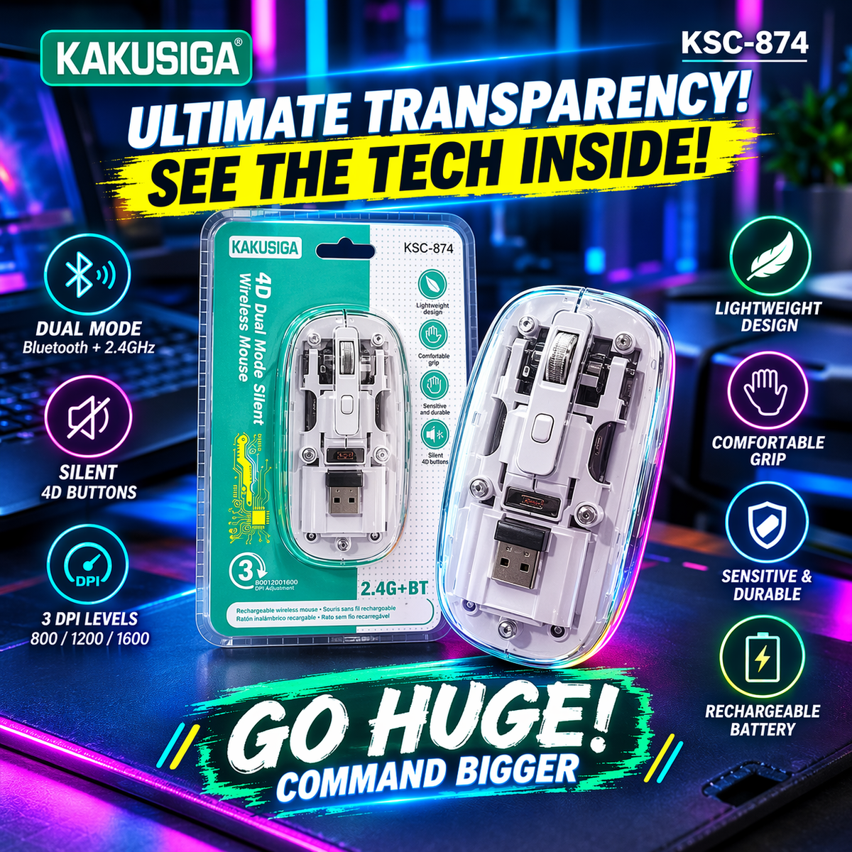 KAKUSIGA KSC-874 4D Silent Wireless Mouse – Transparent Design, Bluetooth + 2.4GHz USB, Rechargeable, 800/1200/1600 DPI, Type-C