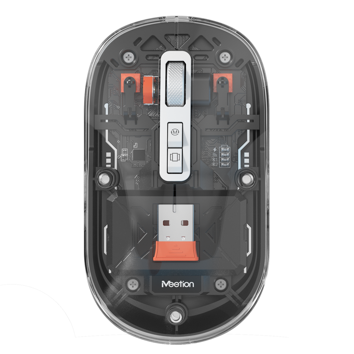Meetion BTM005 MT-BTM005 Dual Mode Wireless Mouse – Bluetooth & 2.4GHz, 6 Buttons, 800–2400 DPI, Silent Button, Transparent Black