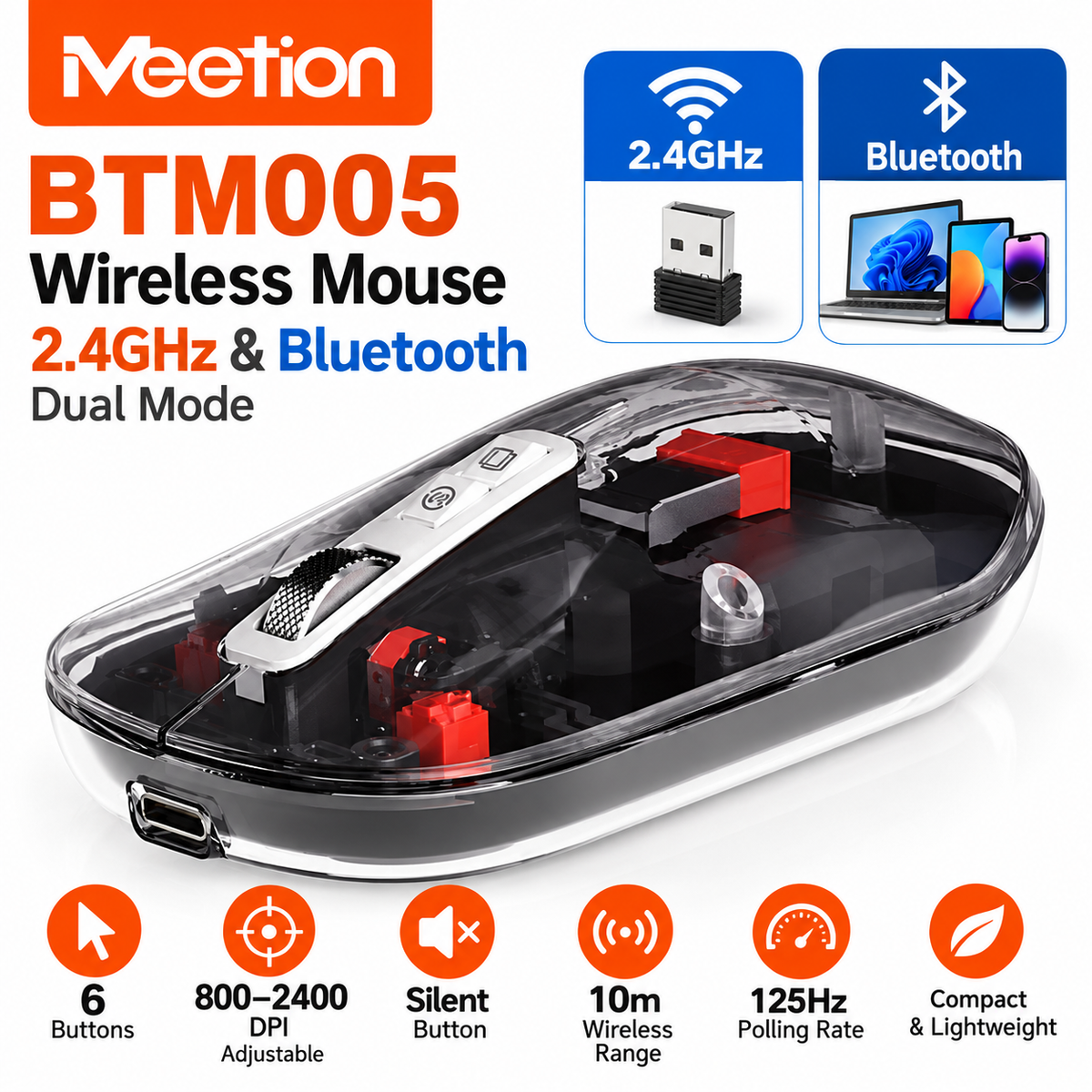 Meetion BTM005 MT-BTM005 Dual Mode Wireless Mouse – Bluetooth & 2.4GHz, 6 Buttons, 800–2400 DPI, Silent Button, Transparent Black