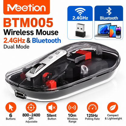 Meetion BTM005 MT-BTM005 Dual Mode Wireless Mouse – Bluetooth & 2.4GHz, 6 Buttons, 800–2400 DPI, Silent Button, Transparent Black