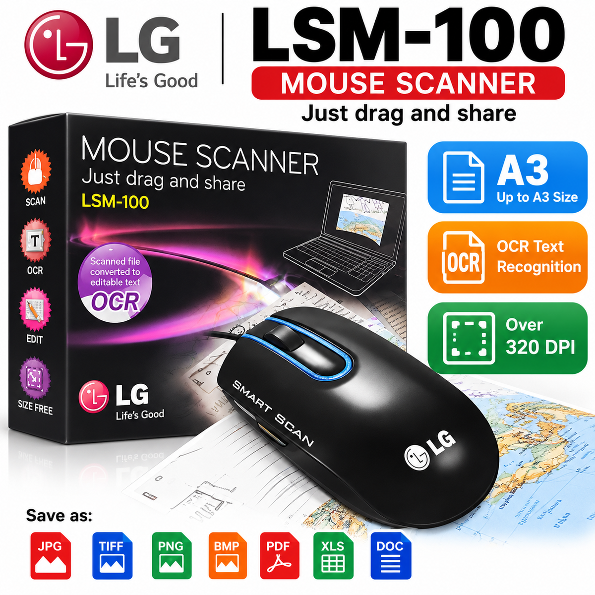 LG LSM-100 Mouse Scanner – Handheld Scan Mouse, Up to A3, OCR Text Recognition, 320+ DPI