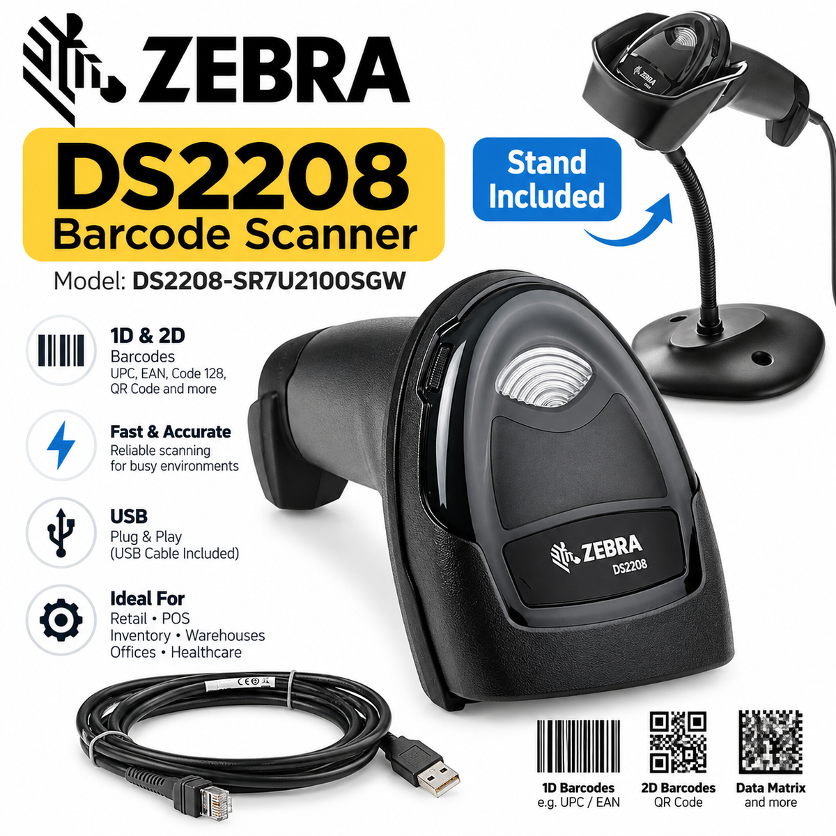 Zebra DS2208 SR7U2100SGW Handheld 1D/2D Barcode Scanner – QR Code Reader for POS, Retail & Inventory