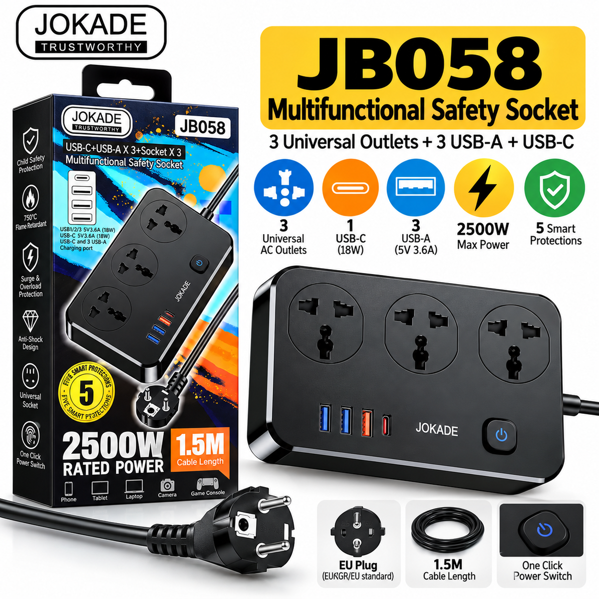 JOKADE JB058 2500W Power Strip – 3 Universal Outlets, 3 USB-A + USB-C, 18W USB Charging, 1.5m Cable, EU Plug