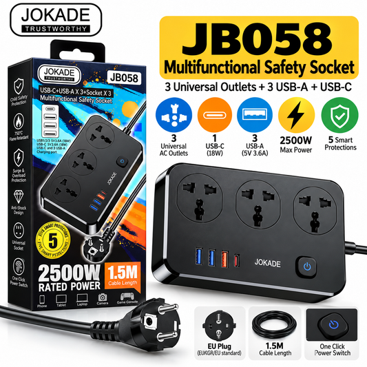 JOKADE JB058 2500W Power Strip – 3 Universal Outlets, 3 USB-A + USB-C, 18W USB Charging, 1.5m Cable, EU Plug