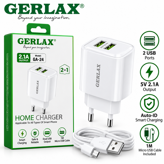 GERLAX GA-24 Dual USB Home Wall Charger 5V 2.1A with 1m Micro USB Cable – EU Plug, White