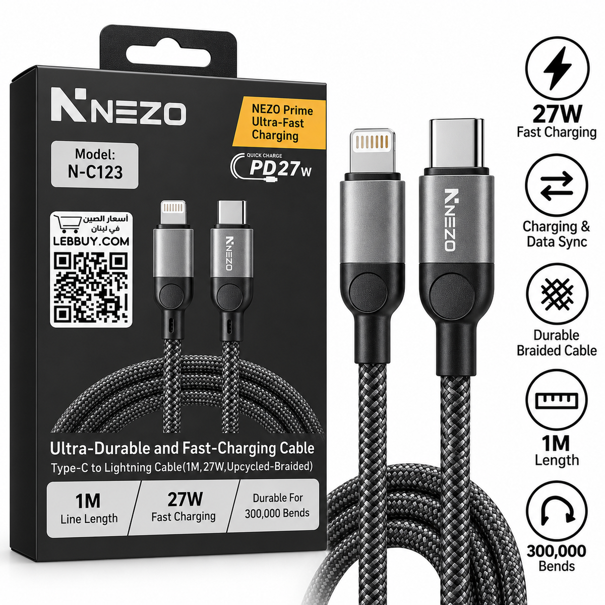 NEZO N-C123 USB-C to Lightning Cable 1m – 27W PD Fast Charging, Durable Braided iPhone Charging & Data Cable