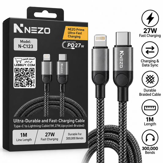 NEZO N-C123 USB-C to Lightning Cable 1m – 27W PD Fast Charging, Durable Braided iPhone Charging & Data Cable